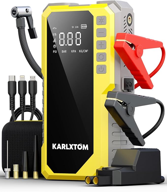 Karlxtom Car Battery Jump Starter with Air Compressor, 4500A Portable Car Jump Starter (All Gas /12L Diesel) with 190PSI Auto-Shutoff Tire Inflator, [2026 NEW Model] 12V Jump Box with LCD Display