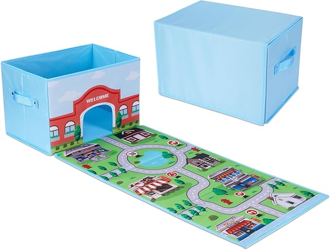 SAM AND MABEL Toy Cars Garage Box – Toy Storage Box with Car Rug Play Mat, Collapsible Storage Organizer for Boys and Girls (GoPlaces)