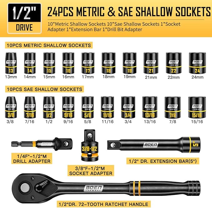 BOEN 1/2" Drive Impact Socket Set, 24-Piece Standard SAE (3/8" to 15/16") & Metric (10mm-24mm) Shallow Socket, 6-Point with Yellow Embossed Marking, Includes Adapters, Ratchet Wrench, Extension Bars