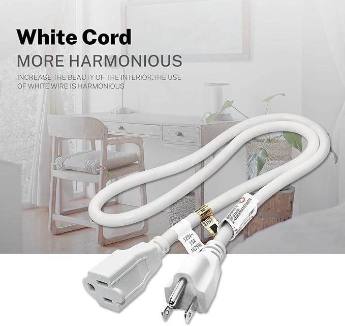 FIRMERST 3 Ft Extension Cord 14 AWG Heavy Duty 1875W 15A 3 Prong White UL Listed