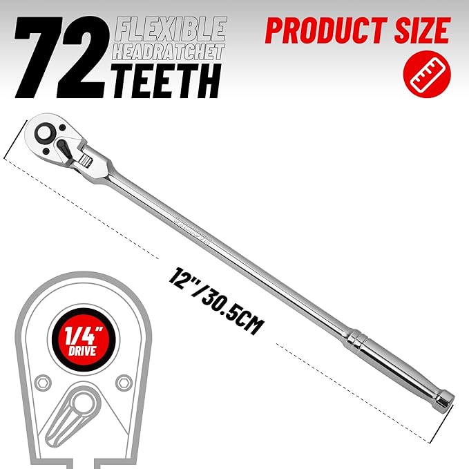 1/4-Inch Drive Flex Head Ratchet, 72 Tooth Quick Release Swivel Head Ratchet - 12" (305mm) Long Handle
