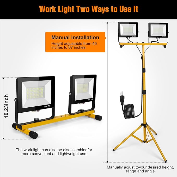 LED Work Lights with Stand, 21000 Lumen, 2-Head Adjustable Work Light, Waterproof Foldable Tripod, 6,500 Kelvin, Extended Cord for Outdoor & Indoor Job Sites, Workshops, Construction, Garage Lighting