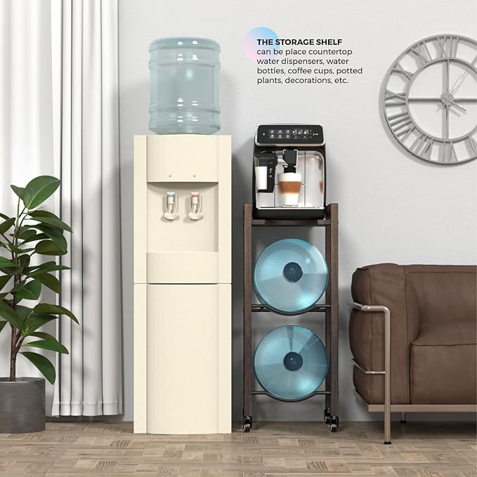 3-Tier 5 Gallon Water Jug Holder with Top Shelf – 4 Metal Wheels or Adjustable Feet – Natural Hardwood Water Dispenser Floor Stand – Wooden Organizer for Kitchen, Office, Garage – Space-Saving Design