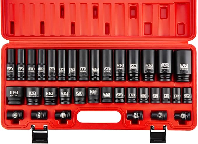 1/2" Spuare Drive 35 Piece Impact Socket Set,Metric Shallow (8-32mm) and Deep (10-32mm) Allen Sockets,Dual Size Markings,6 Point Radius Corner Design,CR-MO Alloy Steel for Auto Repair