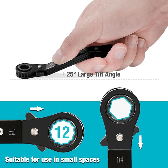 DURATECH 1/4 Inch x5/16 Inch Double Offset Box End Reversible Ratcheting Wrench, SAE, Heavy-duty, Matte Chrome Plated, Ratchet Spanner Crooked for Narrow Spaces
