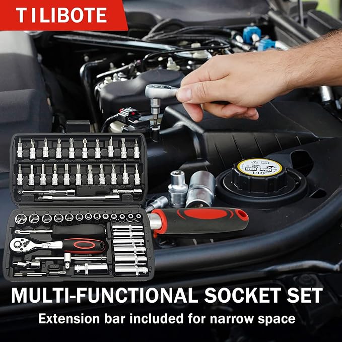 Socket Wrench Set, 53PCS 1/4 Inch Ratcheting Wrench Set And Extension Bar Gimbal Slide Bar Extension Sockets, Set For Automotive Repair And Home Use.