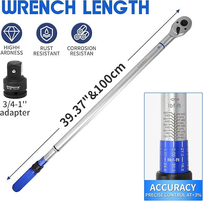 3/4-Inch Drive Click Torque Wrench, Dual-Direction Click Professional Torque Wrench 100-600FT.LB/135-815N.M, Dual Range Scales Graduated in FT.LB and N.M