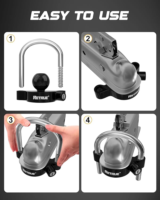 RETRUE Universal Coupler Lock Trailer Locks Ball Hitch Trailer Hitch Lock Adjustable Security Heavy-Duty Steel fits 1-7/8 Inch, 2 Inch, 2-5/16 Inch Couplers, Black