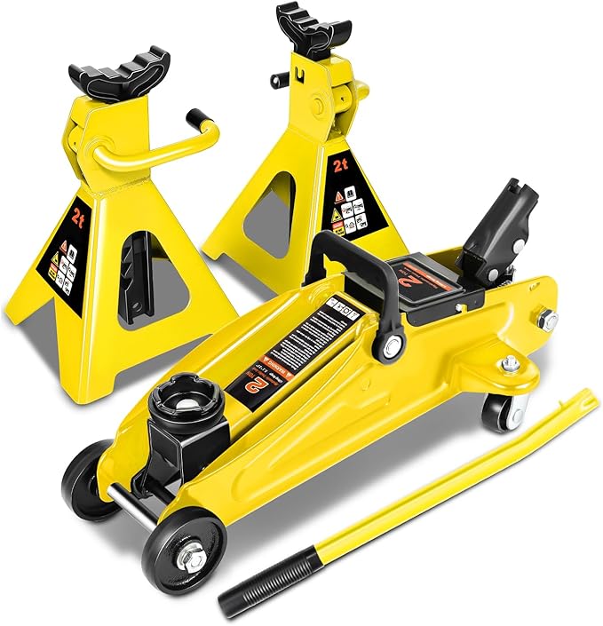 DNA Motoring 2 Ton Car Jack and Stands Kit 2T(4000 lbs) Capacity Low Profile Hydraulic Trolley Service/Floor Jack with 2 Ratchet Stands Combo for Home Garage Shop, Yellow, TOOLS-00476-YL