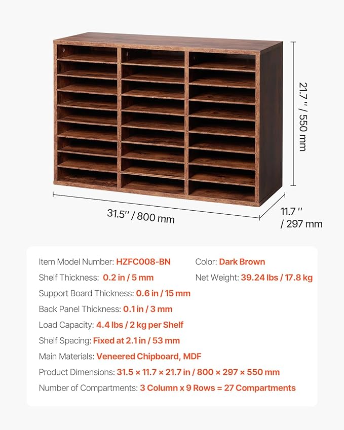 VEVOR Literature Organizer, 27 Compartments Office Mailbox with Removable Shelves, Wood Mailbox Sorter Particle Board Office Home Classroom Storage, File Sorter for File, Document, Paper, Dark Brown