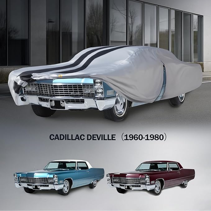 Multi-Layer Sedan Car Cover Custom Fit for Cadillac DeVille(1960-1980), 100% Waterproof All Weather for Automobiles, Gift with Towel, Heavy Duty Car Covers for Rain Sun UV Protection with Door Zipper.