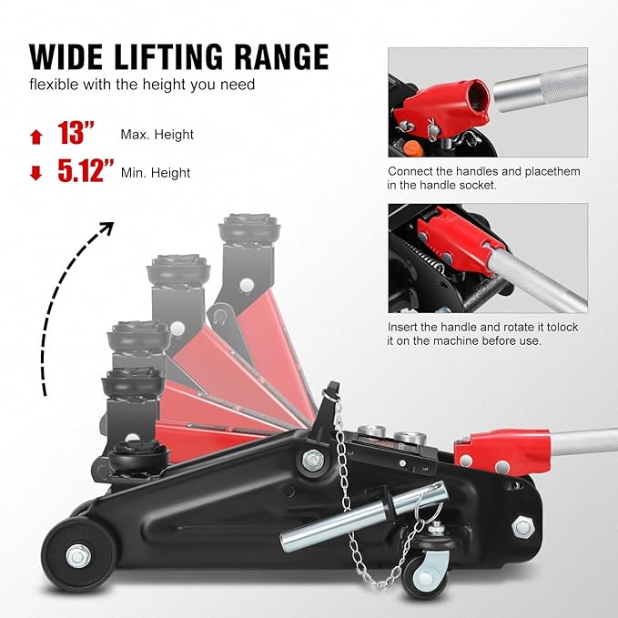 DNA Motoring Floor Jack with Socket and Lock, Low Profile Hydraulic Trolley Jack for Cars Lift, 2 Ton (4000 lbs) Capacity, Lifting Range 5.12"-13", Red, TOOLS-00677-RD