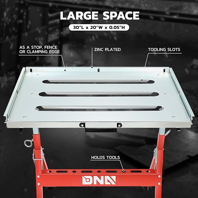 DNA Motoring Carbon Steel Welding Table 29.5in x 19.3in 400lbs Loding Capacity, Adjustable Angle & Height, Portable Work Bench with 2 Fixed Wheels, TOOLS-00461