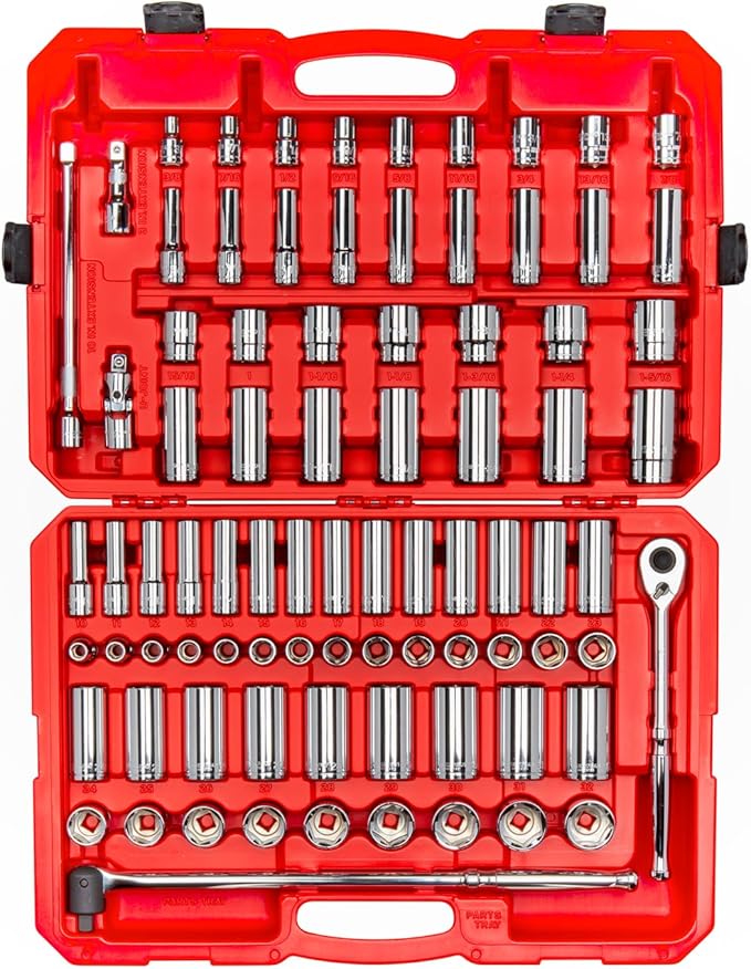 TEKTON 1/2 Inch Drive Shallow and Deep 6-Point Socket and Ratchet Set with Case, 83-Piece (3/8 - 1-5/16 in., 10-32 mm) | SKT25302