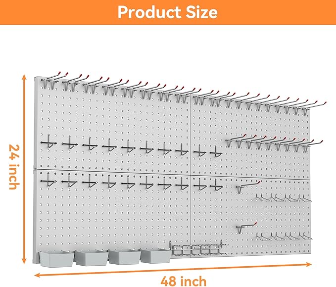 WALMANN Metal Pegboard Kit with Accessories for Wall Garage Tools Storage Pegboard for Garage, Workbench, Modular Peg Board Tool Organizer Board with Hooks(Grey)