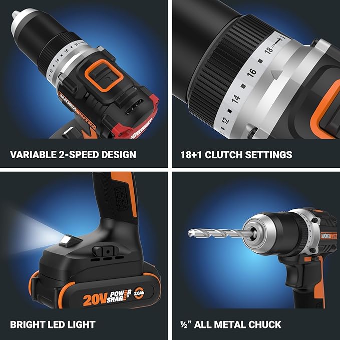 Worx Nitro 20V Cordless 1/2" Drill Driver With Brushless Motor - Compact & Lightweight Set Only 6" and 3 lbs. - Power Share Compatible WX130L - Batteries & Charger Included, Black