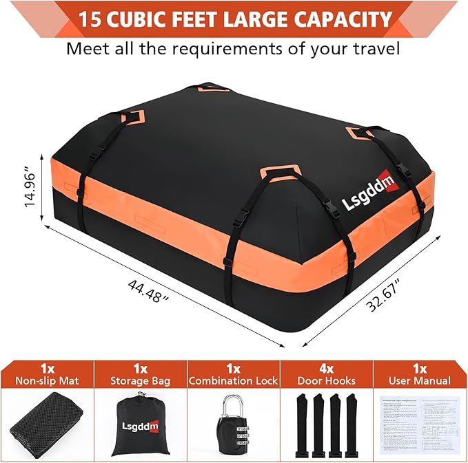 Roof Bag, Waterproof Soft Car Top Carrier Without Rack, 15 Cubic Feet Cargo Carrier for Top of All Vehicles with/Without Rack, Includes Anti-Slip Mat, 4 Door Hooks, Luggage Lock, Storage Bag