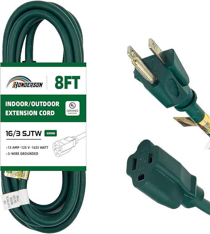 8FT Outdoor Extension Cord-16/3 SJTW Durable Green Extension Cable with 3 Prong Grounded Plug for Safety,Great for Outside Christmas Decorations