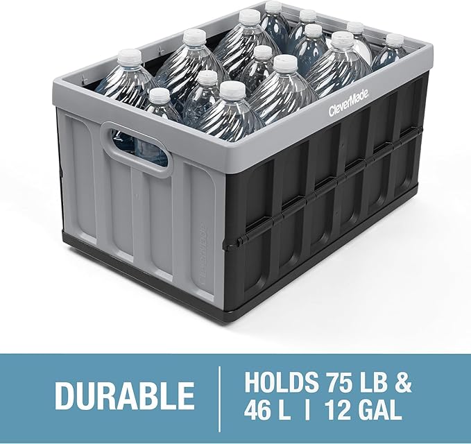 CleverMade Collapsible Storage Bins with Lids (46L, 3 Pack) – Stackable Foldable Plastic Storage Crates for Home, Closet & Trunk Organization - Ocean