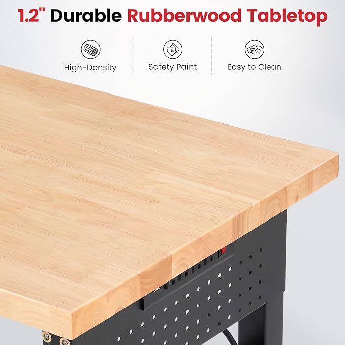 ENJOYWOOD Work Bench 72 Inch Adjustable Height Workbench with Power Outlets & Extended Pegboard 5000 lbs Load Capacity Heavy Duty Work Table for Garage, Workshop, Home, Office