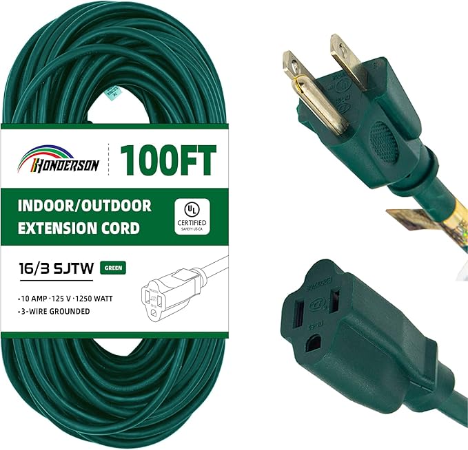 100FT Outdoor Extension Cord-16/3 SJTW Durable Green Extension Cable with 3 Prong Grounded Plug for Safety,Great for Outside Christmas Decorations