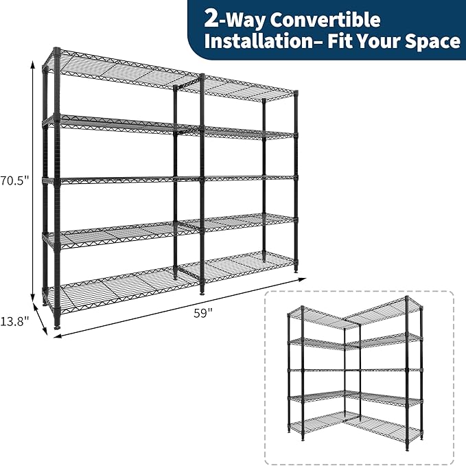 GarveeHome 70" H Storage Shelves 5-Tier L-Shaped Shelving Unit, 1325 LBS Metal Shelves Heavy Duty Shelving Storage Rack Corner Shelf with Adjustable Shelf, for Kitchen Pantry Bedroom