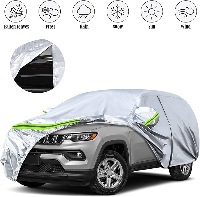 Waterproof Car Covers Replace for 2007-2025 Jeep Compass, 6 Layers Silver All Weather Custom-fit Car Cover with Zipper Door & Windproof Bands for Snow Rain Dust Hail Protection