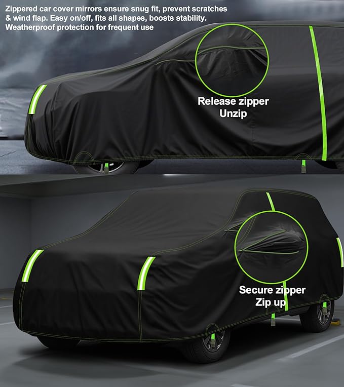 SUV Car Cover Custom Fit for Toyota Highlander 2013-2025 & 100% Waterproof with Zipper Door & Side Mirror Zipper Pockets All Weather Snowproof Rain Dust Hail UV Protection Outdoor Full Cover