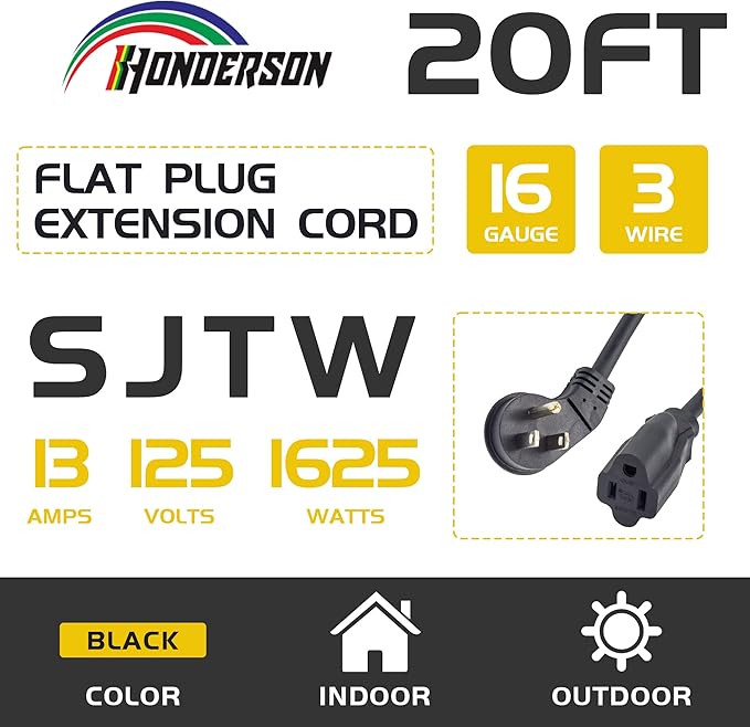 Flat Plug Indoor Extension Cord, UL Certified, 16 Gauge 20FT Black 3 Prong Heavy Duty, 16/3 SJTW 13A Power Cord for Lights, Appliances, Home