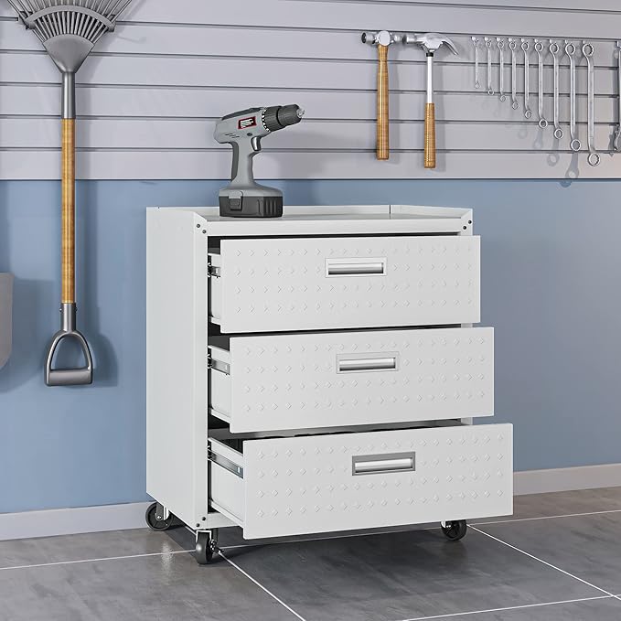 Manhattan Comfort Fortress 31.5-Inch Rolling Garage Tool Chest, 3-Drawer Lockable Mobile Storage Cabinet, Diamond-Textured Steel Utility Organizer with Wheels for Basement, Workshop in White