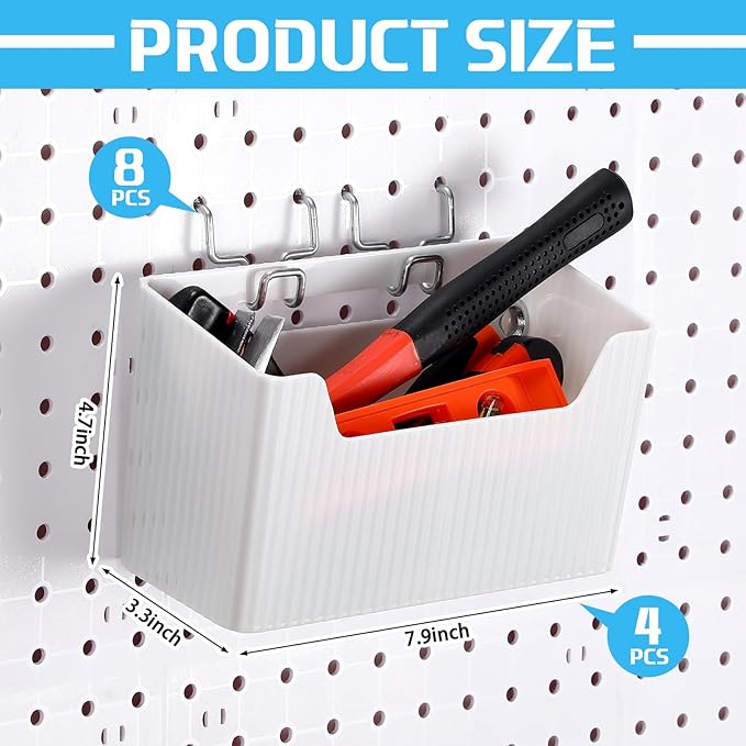 Suzile 4 Pcs Pegboard Bins Plastic Bins Set 7.9 x 3.3 x 4.7'' Pegboard Containers with Metal Hooks Organizing Assortment Accessories for Organizing Storage Tools Storage Workbench Garage (White)