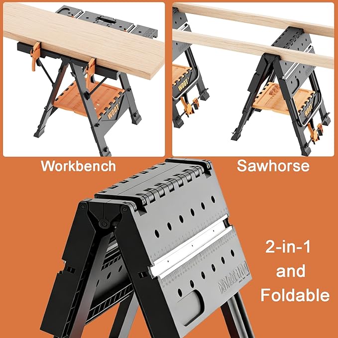 2-in-1 Folding Work Bench & Sawhorse, Easy Setup Portable Work Table, 31" W x 25" D x 32" H, Laser-Engraved Scale,Lightweight Worktable with Large Load Capacity, 2 Clamps & 6 Bench Dogs