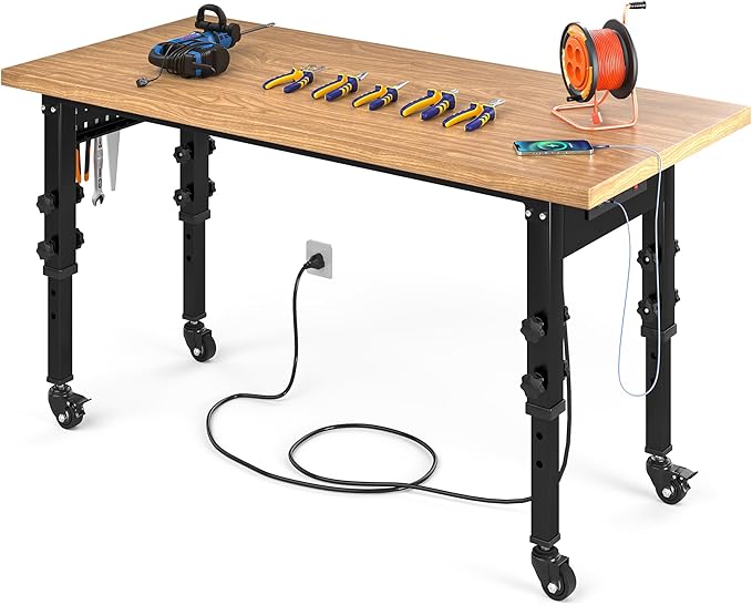 YITAHOME Work Bench 60" L X 24" W Adjustable Workbench for Garage W/Pegboard & Power Outlets Heavy-Duty Workstation, 1600 LBS Load Capacity with Wheels for Workshop, Office, Home Outdoor