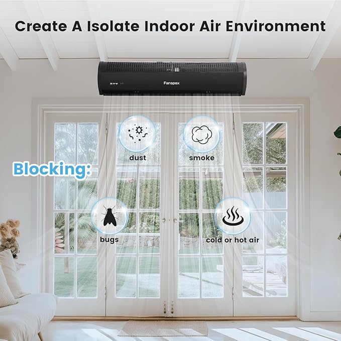 Fanspex 36" Wall Mounted Air Curtain, 2-Speed Commercial Over Door Fan for Home Garage Shop Restaurant, 120W Low Consumption with Magnetic Door Switch (Black)