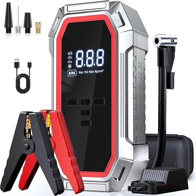 Jump Starter with Air Compressor, 5000A Peak Car Battery Jump Starter(9.0 Gas/8.0L Diesel), 160PSI 12V Jump Box Car Battery Jumper Starter Portable with Smart Jumper Cables, LED Lights, LCD Display