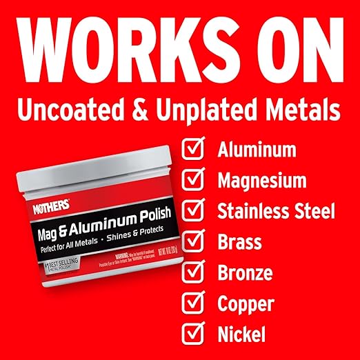Mothers Mag & Aluminum Polish, 10 oz. – Brilliant Shine, Easy to Use, for All Uncoated & Unplated Metals Including Aluminum Wheels, Stainless Steel Trim and Exhaust Tips, Brass & More (05101)