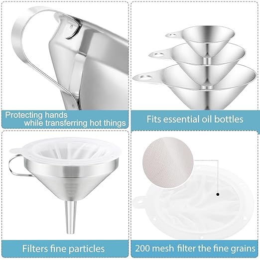 Toncoo 4 Pack Stainless Steel Funnels for Kitchen Use, Food Grade Cooking Funnel with 2 Strainer, Kitchen Funnel Set Metal Funnels for Filling Bottles