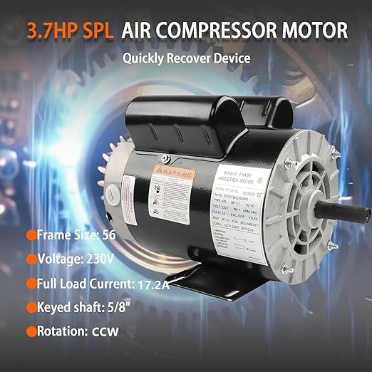 Air Compressor Motor 3.7 HP Motor 56 Frame 5/8 Inch Shaft 230 V
