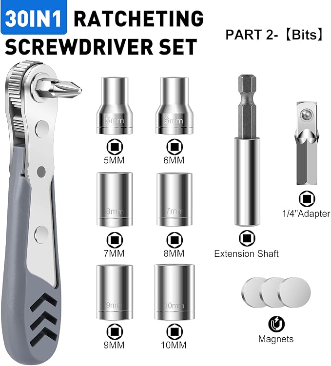 30in1 Right Angle Screwdriver, 36-Tooth Mini Ratchet Wrench, Angle Screwdriver for Tight Spaces, Low Profile Offset screwdrivers, Magnetic Ratchet Screwdrivers Repair Tool