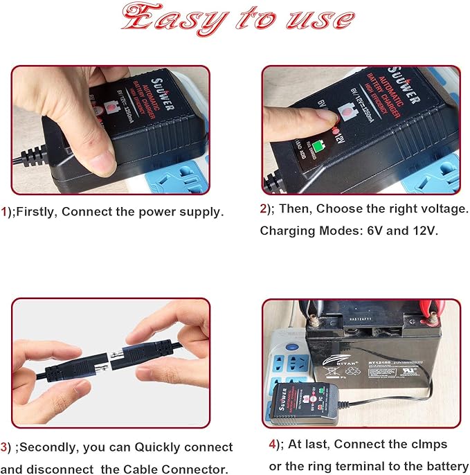 6V/12V 1.25A Fully-Automatic Smart Battery Charger, Trickle Charger&Battery Maintainer with 12FT Power Cord, SAE Connector, Alligator Clips, OT Terminals for Car Motorcycle ATV Boat Lawn Mower
