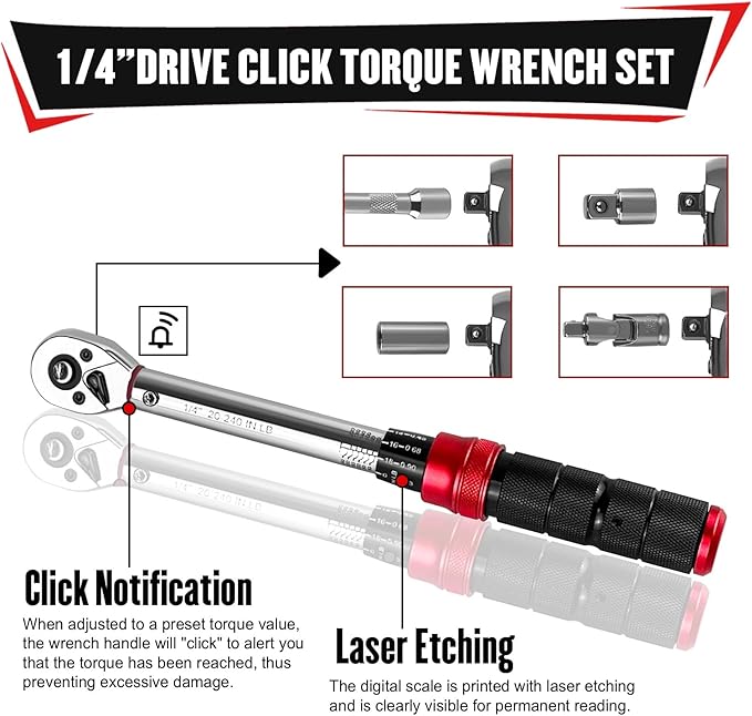 YIYITOOLS 27Pcs 1/4 Inch Drive Click Torque Wrench Set, Bike Maintenance Kit with Bit Sockets, Adapter, Universal Joint & Extension Bar, 2.3-27.1NM (20-240IN.LB) ±3% Precision
