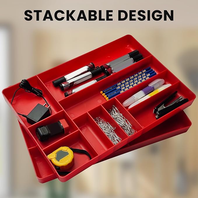 10-Compartments Tool Organizer Tray, Tool Drawer Organizer Tray, Tool Box Organizer, Stackable Toolbox Organization Holder for Small Parts, Bolts and Batteries (1, Red)