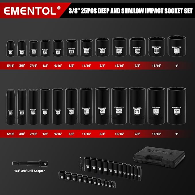 EMENTOL 3/8" Drive Impact Socket Set, 25PCS, SAE(5/16"- 1"), Deep and Shallow, 12 Point, Includes Drill Bit Adapter