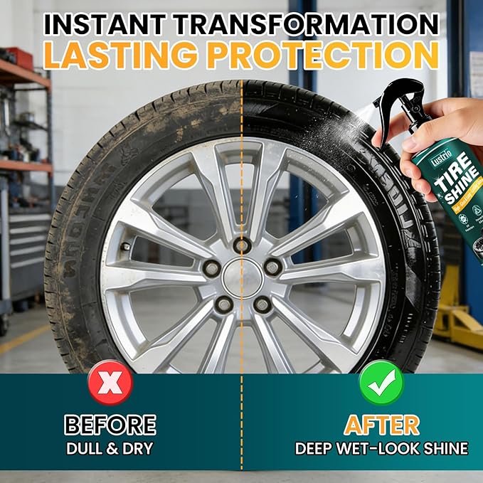 Tire Shine Spray – Heavy Duty Oil Based Tire Dressing with Applicator Sponge & Gloves – Long Lasting Wet Look Shine for Car Tires, Rubber Trims, Bumpers – Non Greasy Formula, Restores Black – 7oz