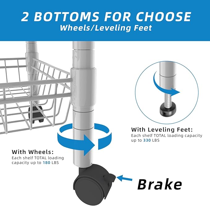 Guan River 3 Tier Wire Shelving Wire Basket Shelf Storage Cart Adjustable Metal Shelf 2 Bottoms for Choose(Castor or Leveling Feet) for Office,Kitchen,Bedroom,Silver(23.23" L x 13.11" W x 32.28" H)