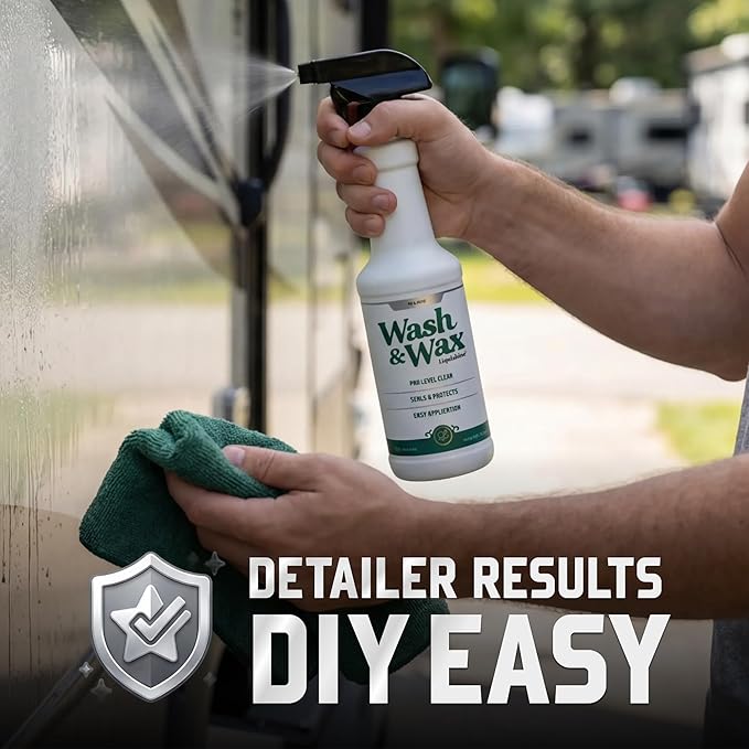 Wash & Wax RV Cleaner, 2-in-1 Exterior RV Wash Soap, Waterless or Traditional Wash, Removes Road Film, Dirt & Bugs, Adds Protective Shine, Safe for Fiberglass and Painted Surfaces, 20 Fl Oz