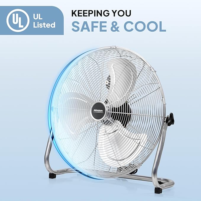 ROVSUN 20'' Floor Fans, High Velocity Heavy Duty Metal Industrial Floor Fan for Commercial & Residential, High Power Fan with Adjustable Tilt, Metal Box Fan for Garage, Gym, Bedroom, Shop, UL Listed