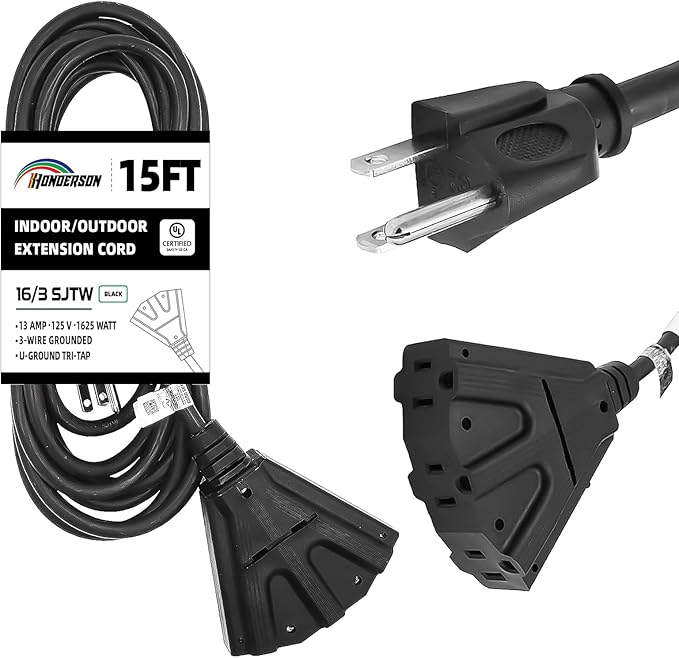 3-Outlets Indoor Outdoor Extension Cord Weatherproof, UL Certified, 16 Gauge 15FT Black 3 Prong Heavy Duty, 16/3 SJTW 13A Power Cord