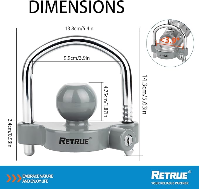 RETRUE Universal Coupler Lock Trailer Locks Ball Hitch Trailer Hitch Lock Adjustable Security Heavy-Duty Steel Fits 1-7/8 Inch, 2 Inch, 2-5/16 Inch Couplers, Grey