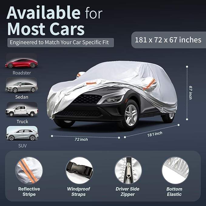 Car Cover Waterproof All-Weather,Heavy-Duty Outdoor Full Exterior Automobiles Snow Cover for SUV Up to 181 inch,with Sun Visor,Anti-Scratch Cotton Lining & Zippered,Towel&Storage Bag